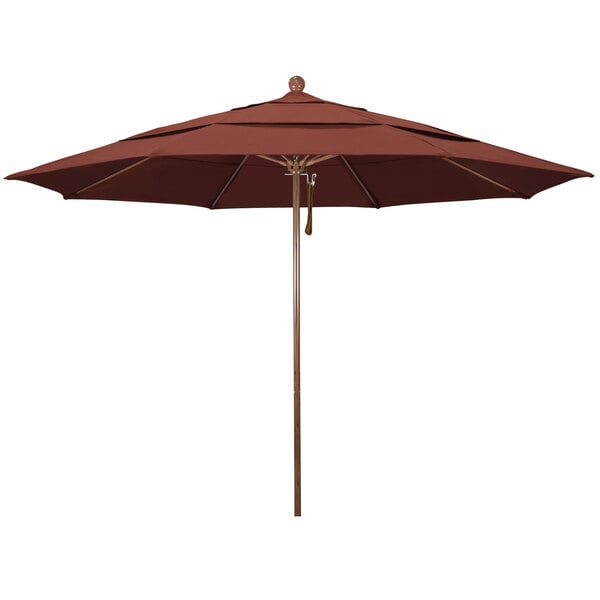 A close-up of a California Umbrella with a brown Sunbrella canopy and American Oak pole.