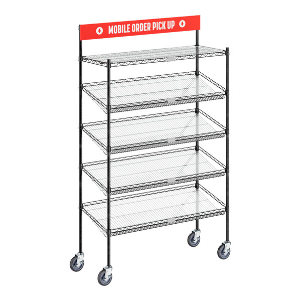 A black Regency mobile take-out cart with one shelf and four slanted drop in baskets.