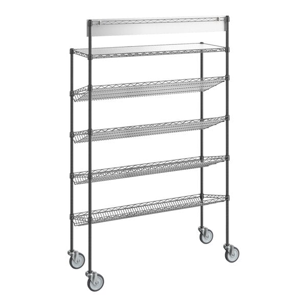 Regency 18" x 48" x 70" NSF Black Epoxy Mobile Take-Out Shelving Station with 1 Shelf, 4 Slanted Drop-In Baskets, and PVC Shelf Mat Overlay