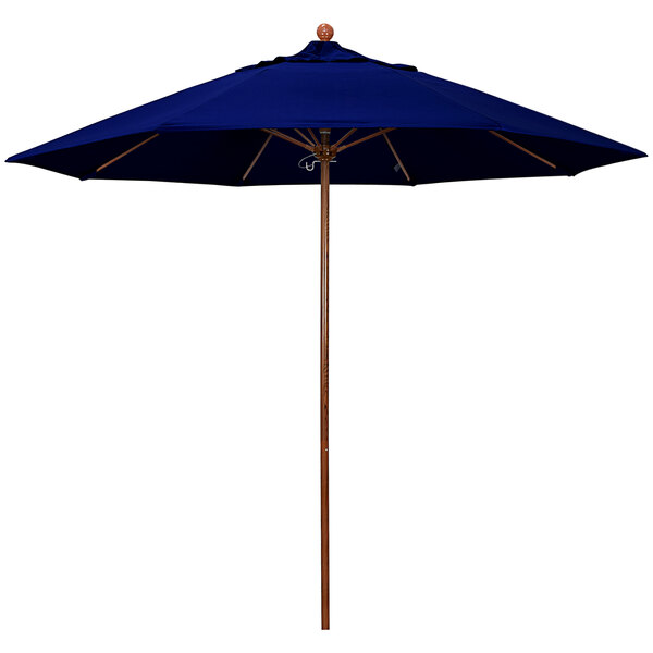 A California Umbrella blue Sunbrella canopy with an American oak wooden pole.