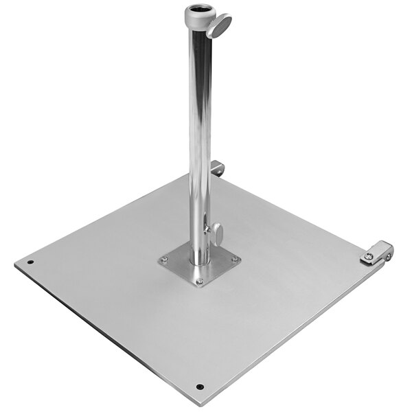 A silver metal California Umbrella base with casters.