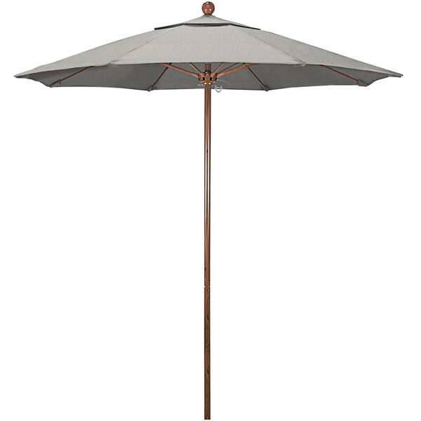 A California Umbrella Venture Series outdoor table umbrella with a Sunbrella granite canopy and American oak aluminum pole.