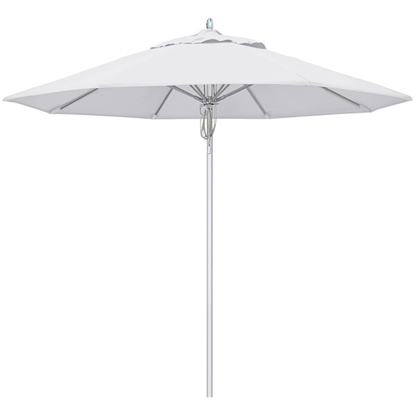 A white California Umbrella with a silver pole.