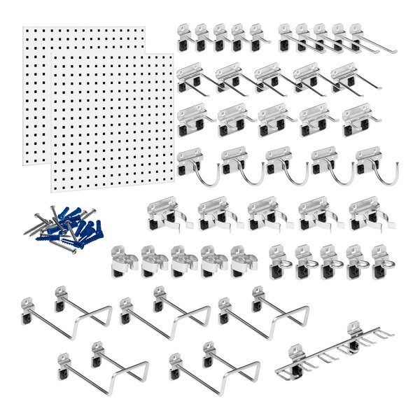 A group of metal hooks and screws on a white steel Triton LocBoard.