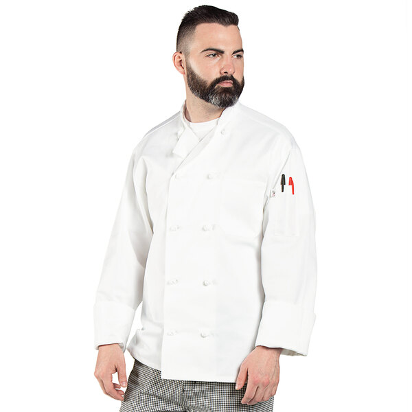 A man wearing a white Uncommon Chef long sleeve chef coat with a mesh back.