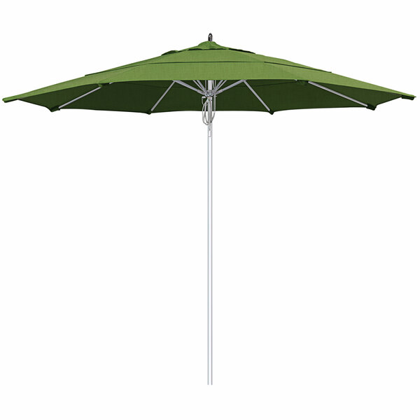 A green California Umbrella with Sunbrella Ginkgo fabric on a white background.