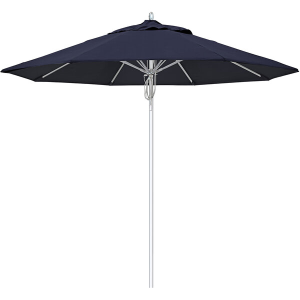 A black California Umbrella with a silver pole.