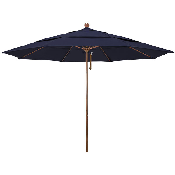 A navy California Umbrella with a wooden pole.