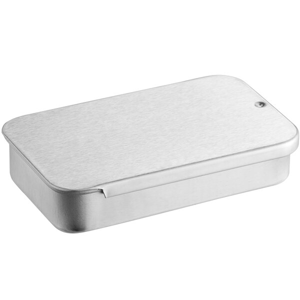 A silver rectangular metal tin with a slide top.