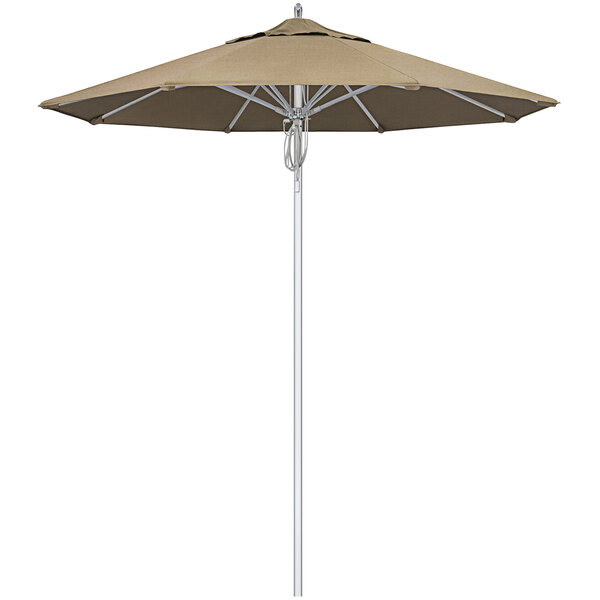 A close-up of a Heather Beige California Umbrella with a white pole.