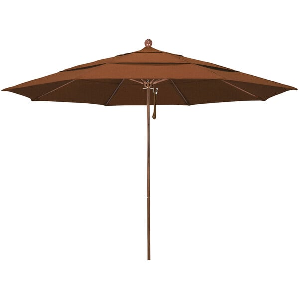 A close-up of a brown California Umbrella with an American Oak pole.