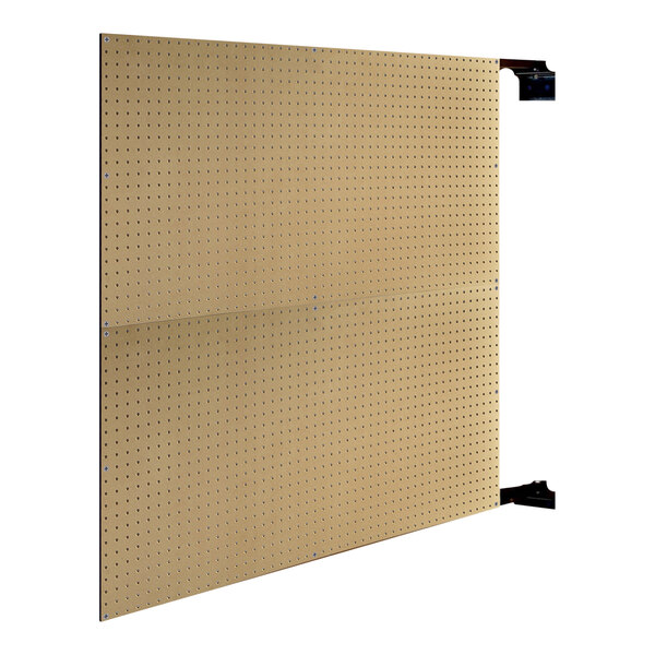 A metal pegboard with holes on a white background.