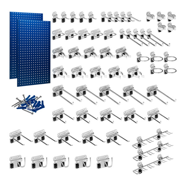 Two blue Triton LocBoards with a large assortment of hooks and hardware on them.