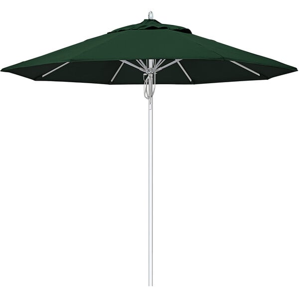 A Forest Green California Umbrella with a silver pole.