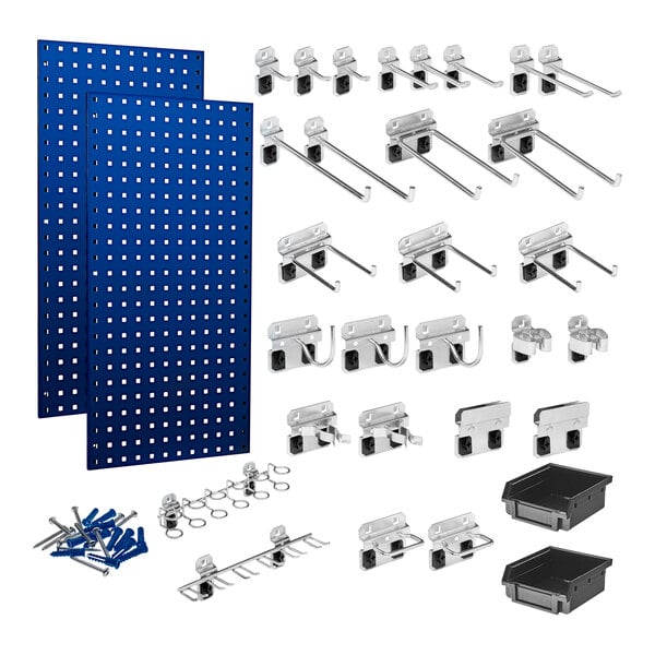 A silver metal Triton LocBoard with black square holes, 28 metal hooks, and 2 bins.