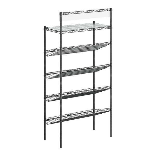 A black Regency epoxy shelving unit with 1 shelf and 4 slanted drop in baskets.