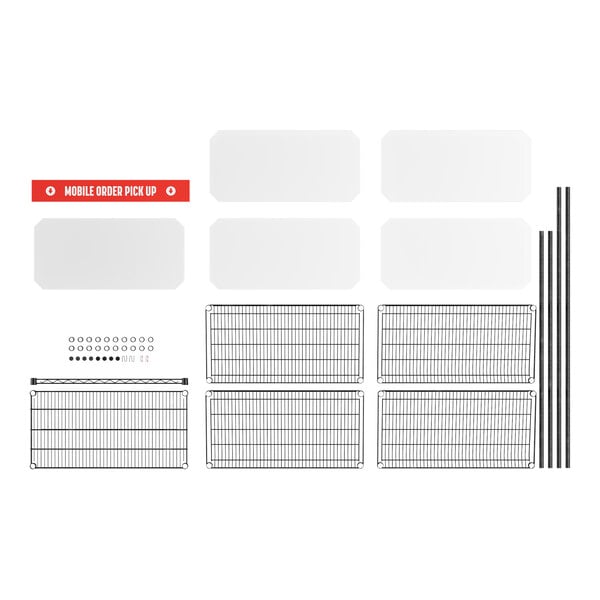 A collection of shelving components including wire shelves, slanted baskets, support poles, a red sign labeled 'Mobile Order Pick Up,' and various hardware pieces arranged on a white background.