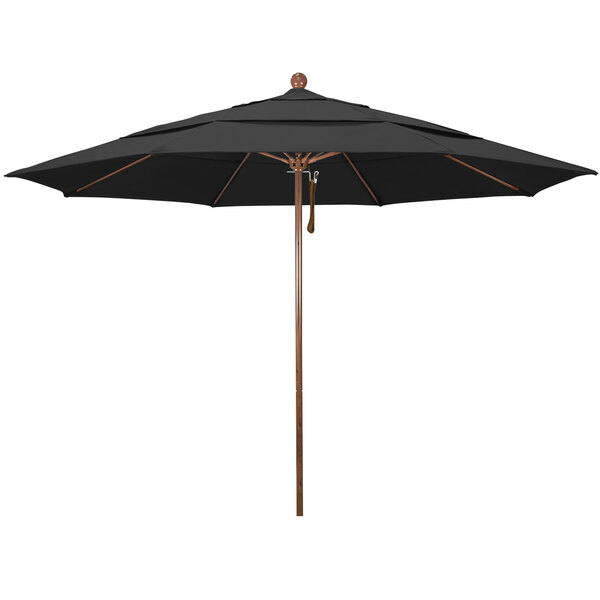 A black California Umbrella with a wooden pole.