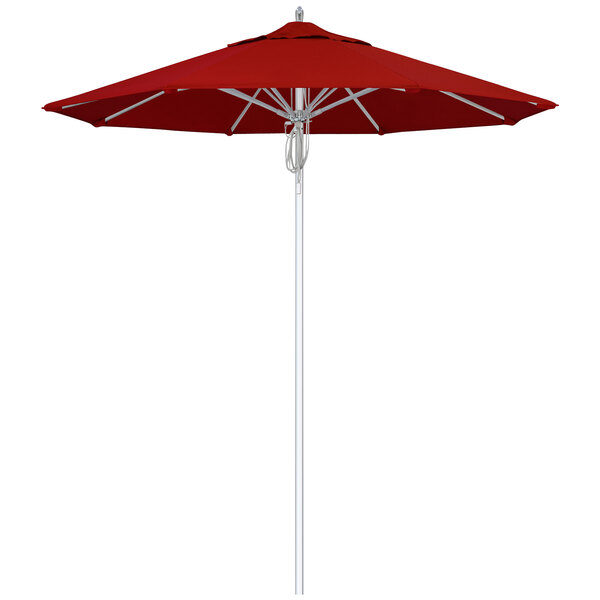 A close-up of a red California Umbrella with a silver pole and Jockey Red Sunbrella fabric.