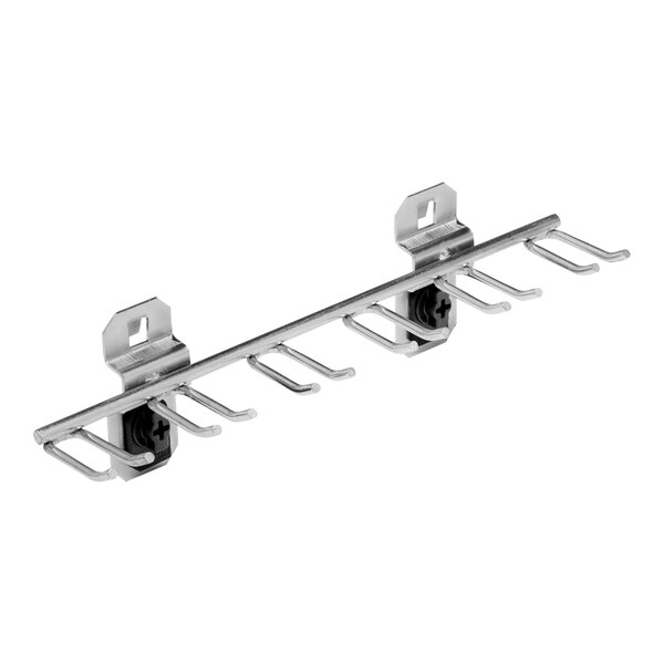 A metal rack with multi-prong metal hooks.