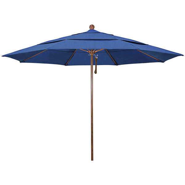 A blue California Umbrella with a wooden pole.