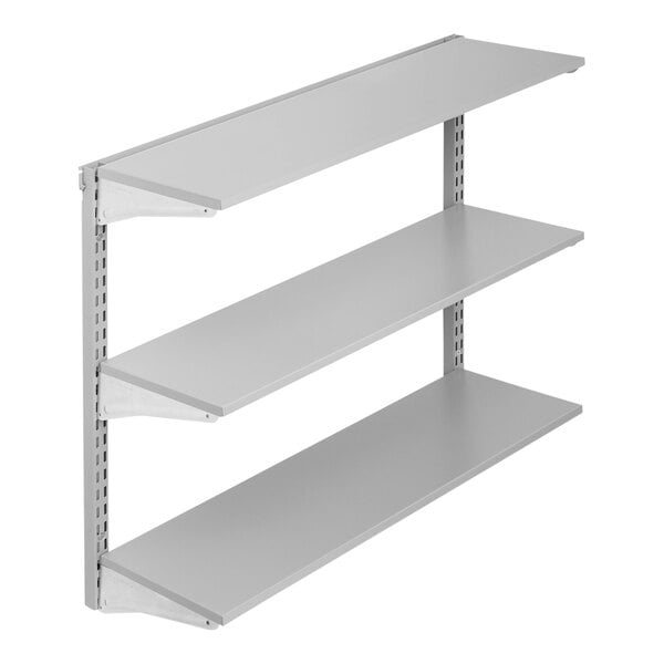 A grey metal Triton wall mount shelving unit with three shelves.