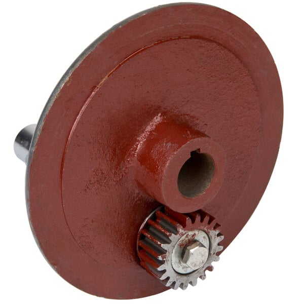 A red and silver gear with a gear wheel on a white background.