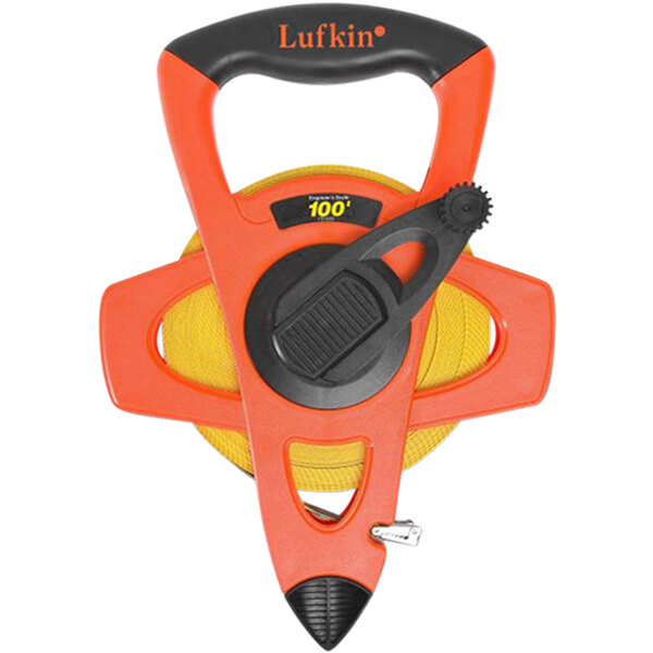 A Crescent Lufkin fiberglass measuring tape with a black handle.