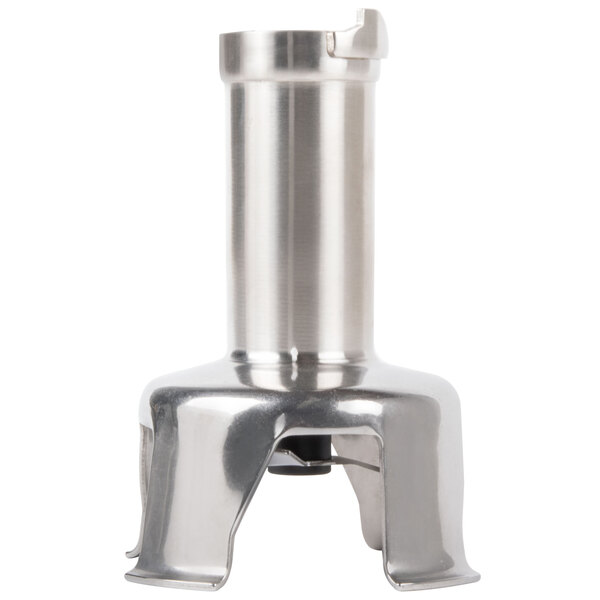 A silver metal Robot Coupe bell cover assembly with a black base.