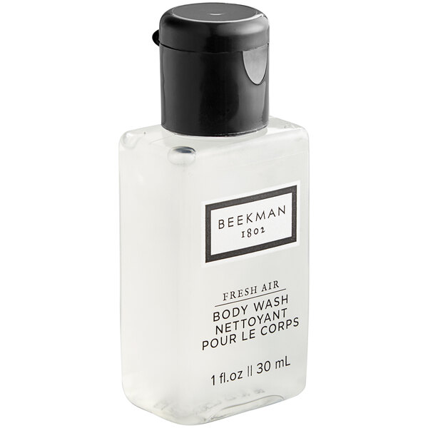 A white Beekman 1802 bottle of body wash with a black lid.