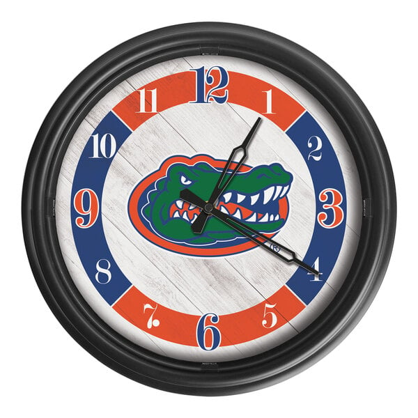 A white Holland Bar Stool University of Florida wall clock with the Florida Gators logo on it.