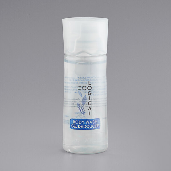 A close-up of a clear plastic EcoLOGICAL body wash bottle with a white cap.