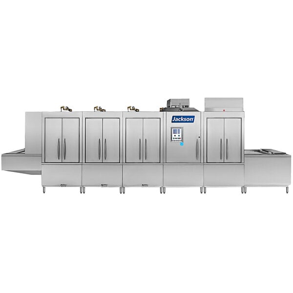 A Jackson FlightStar silver conveyor dishwasher with a blue and white logo.