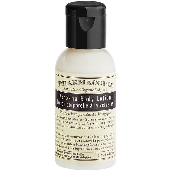 A white Pharmacopia body lotion bottle with a black lid and label.