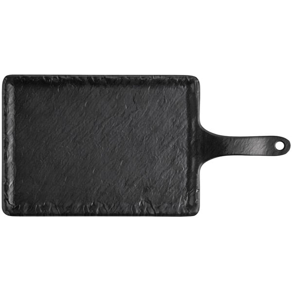 An Acopa black rectangular faux slate melamine serving board with a handle.