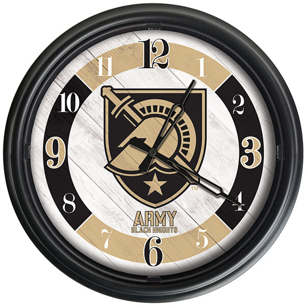 A black and white Holland Bar Stool US Military Academy wall clock with a logo of a shield.