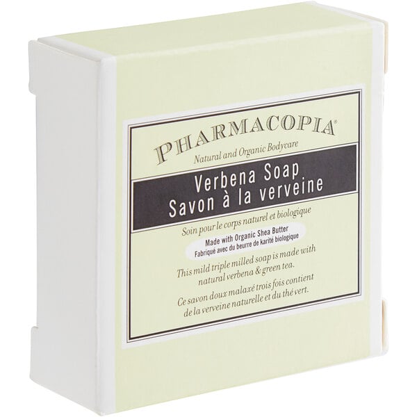 A white box of Pharmacopia Verbena bar soap with a label.
