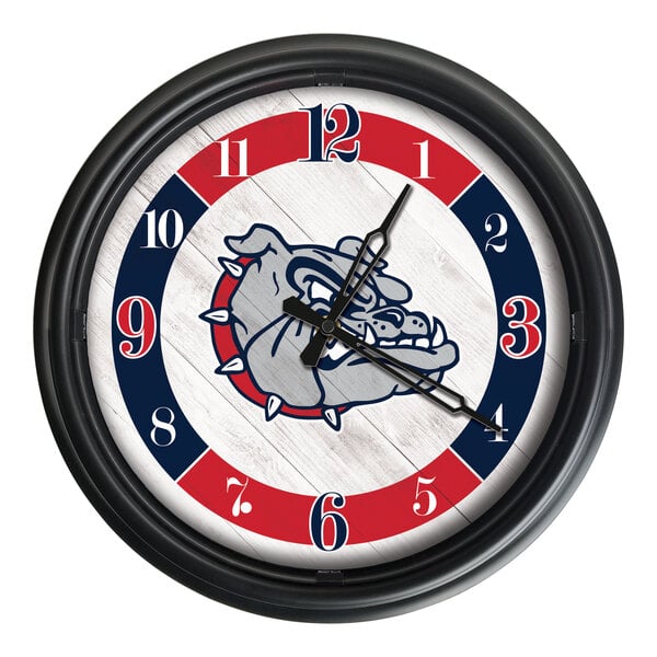 A round wall clock featuring the Gonzaga Bulldogs logo with red, white, and blue accents and a black frame.