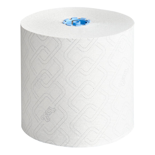 A blue Scott hard roll of paper towels on a white surface.