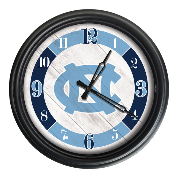 A white Holland Bar Stool LED wall clock with the University of North Carolina logo in blue and white.