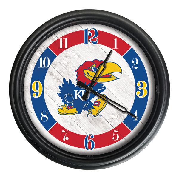 A Holland Bar Stool University of Kansas LED wall clock with the Jayhawk logo.