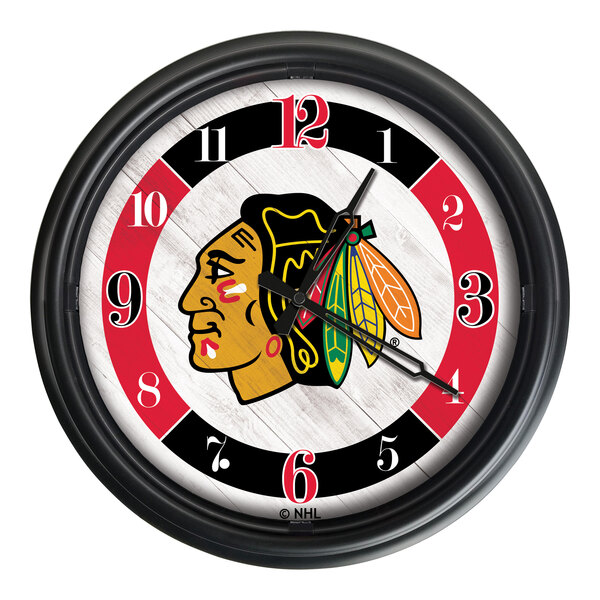 A black Holland Bar Stool LED wall clock with the Chicago Blackhawks logo in the center.
