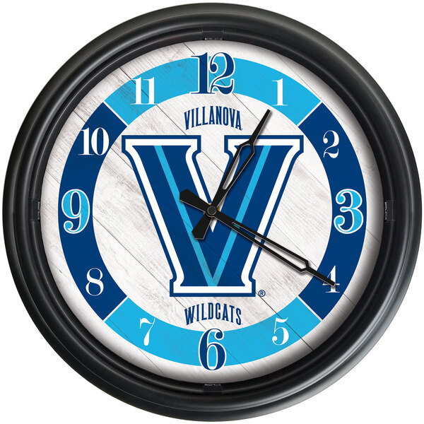 A Holland Bar Stool Villanova University wall clock with blue and white lettering.