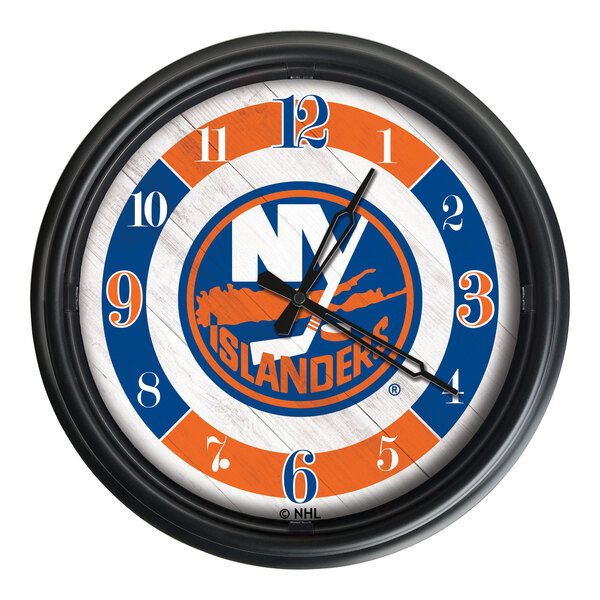 A Holland Bar Stool New York Islanders LED wall clock with a team logo and numbers.