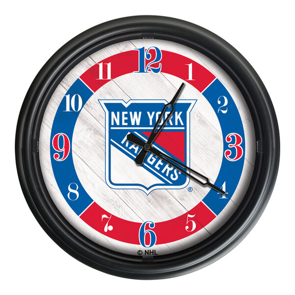 A Holland Bar Stool New York Rangers wall clock with logo and numbers.