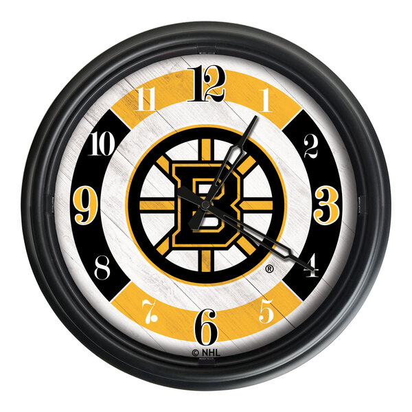 A white Holland Bar Stool wall clock with the Boston Bruins logo.