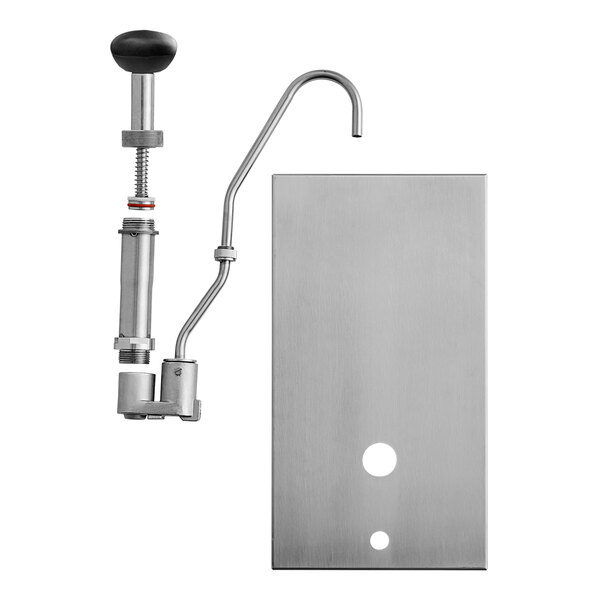 A stainless steel pump with a lid and handle.