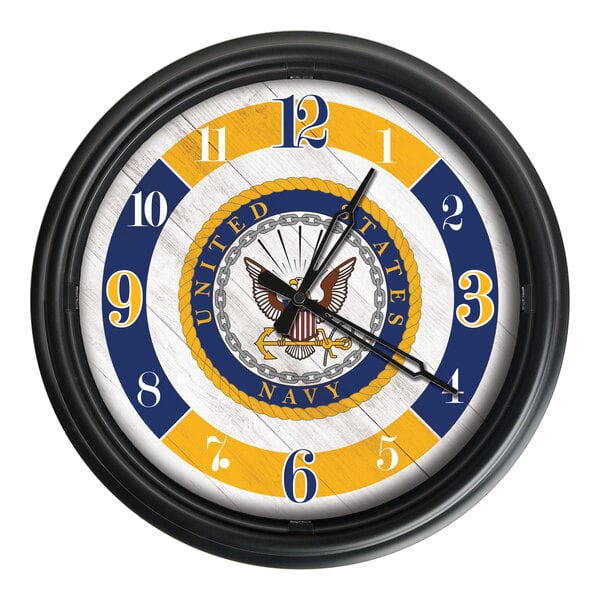 A white Holland Bar Stool clock with the United States Navy logo and numbers on it.