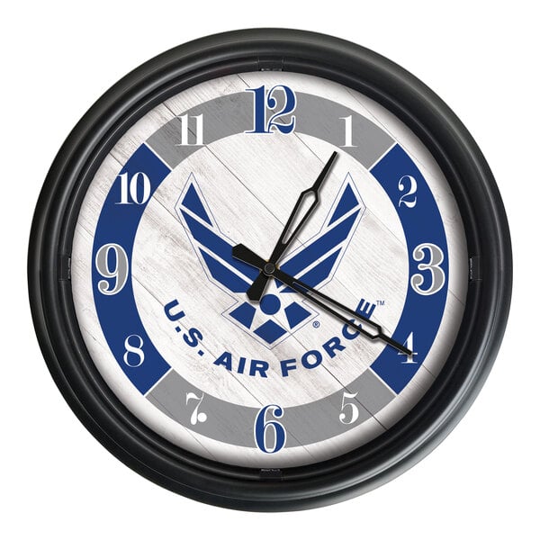 A white Holland Bar Stool clock with the blue and white United States Air Force logo.