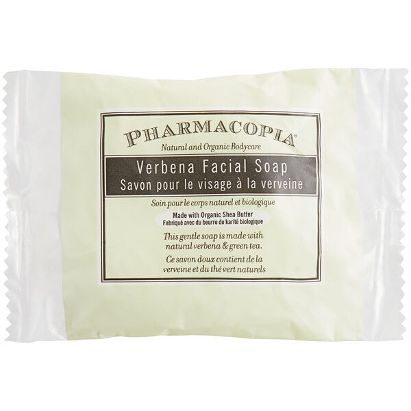 A close up of Pharmacopia Verbena facial soap.